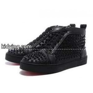 快適な履き心地ルブタンスニーカーコピールイスフラットスパイクスハイカットレザースニーカーブラック LOUIS SPIKES FLATkidying26CGTbWv