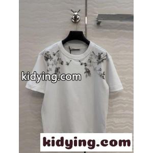 フラワービジュー刺繍 クルーネック 半袖Tシャツ プラダ コピー Tシャツ 偽物 ホワイトkid26zS5vWv