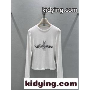 シンプル 合わせやすい ロゴ入り 長袖Tシャツ イヴ・サンローラン ブランド コピー Tシャツ 偽物 ホワイトkid26CKHneC