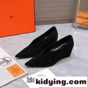 洗練された ウェッジヒール スエード パンプス エルメス コピー スーパーコピー ブラックkid26Daa85f