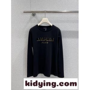 シンプル ロゴプリント 長袖Tシャツ バルマン スーパーコピー Tシャツ コピー コットン ブラックkid261LXDKz