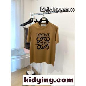 ロエベ ブランド コピー Tシャツ 偽物 定番 ロゴ入り 半袖Tシャツ クルーネック ブラウンkid26W1THri