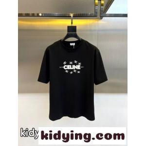 シンプル 上品 ロゴ入り クルーネック セリーヌ コピー Tシャツ 偽物 コットン ブラックkid26eWT9fi