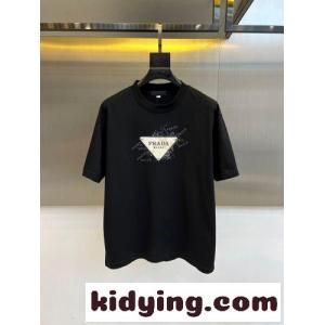 ベーシック クルーネック 半袖Tシャツ プラダ コピー Tシャツ 偽物 コットン ブラックkid26mObKbq