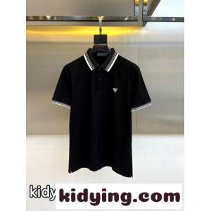 カジュアル コットンピケ ポロシャツ プラダ コピー Tシャツ 偽物 半袖トップス ブラックkid26TPDe8D