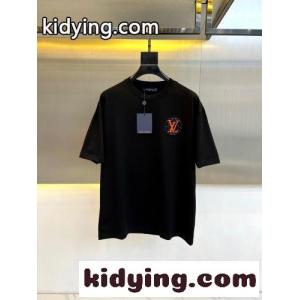 洗練された ロゴ刺繍 クルーネック ルイ・ヴィトン Tシャツ 偽物 コットン ブラックkid2689DKPf