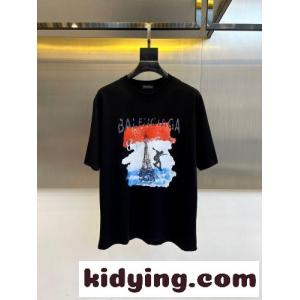 カジュアル プリント バレンシアガ スーパーコピー Tシャツ 偽物 クルーネック 半袖トップス ブラックkid26COj8ze