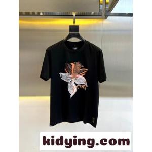 カジュアル プリント コットン 半袖Tシャツ フェンディ コピー Tシャツ 偽物 ブラックkid26y0DC0f