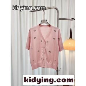 刺繍入り Vネック 半袖カーディガン プラダ コピー ニット 偽物 レディース ピンクkid269L9rWb