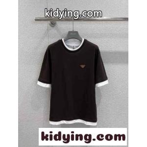 おしゃれ レイヤード風 クルーネック 半袖Tシャツ プラダ スーパーコピー Tシャツ コピー ユニセックス ダークブラウンkid26uy4L1b