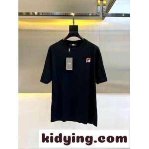 シンプル ロゴ刺繍 コットン 半袖Tシャツ フェンディ ブランド コピー Tシャツ 偽物 ブラックkid26iOviSj