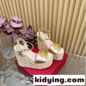 Vロゴ レザー ウェッジサンダル ヴァレンティノ スーパーコピー サンダル スーパーコピー ゴールドkid26rKLPPn