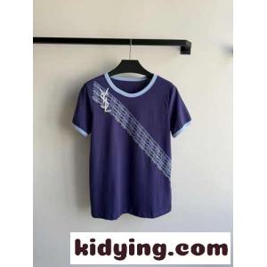 カジュアル コットン 配色 半袖Tシャツ イヴ・サンローラン ブランド コピー Tシャツ コピー パープルkid26KH9Xze
