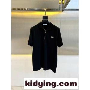 カジュアル ハーフジップ 半袖 ポロシャツ プラダ スーパーコピー Tシャツ コピー ブラックkid269v0L1j