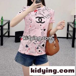 おしゃれ プリント クルーネック シャネル コピー Tシャツ コピー コットン 半袖Tシャツ ピンクkid26va4beu