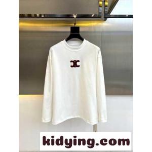 シンプル トリオンフ コットン 長袖Tシャツ セリーヌ コピー Tシャツ コピー ホワイトkid26PLHTnq