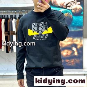 カジュアル ロゴプリント コットン 長袖Tシャツ フェンディ コピー Tシャツ コピー ブラックkid26vuWn8f