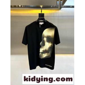 カジュアル スカルプリント 半袖Tシャツ アレキサンダー・マックイーン Tシャツ コピー ブラックkid26Dia4bu