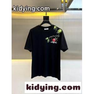 カジュアル プリント クルーネック 半袖Tシャツ ロエベ ブランド コピー Tシャツ 偽物 コットン ブラックkid26e0baye