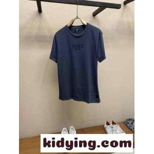 シンプル ロゴ刺繍 フェンディ コピーブランド Tシャツ コピー コットン クルーネック ネイビーkid26XDiWXn