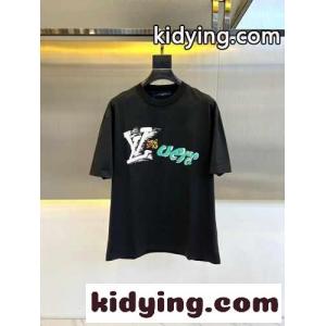 カジュアル ロゴ クルーネック コットン 半袖Tシャツ ルイ・ヴィトン Tシャツ コピー ブラックkid264vKTvu