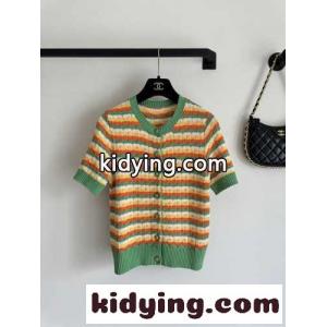 シャネル ブランド コピー ニットウェア コピー 可愛い マルチカラー ストライプ 半袖 カーディガンkid26D8Dmuq