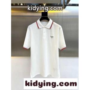 プラダ コピーブランド 半袖Tシャツ コピー トライアングルロゴ付 コットンピケ ポロシャツ ホワイトkid26WLba4v