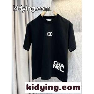 シンプル シャネル ブランド コピー Tシャツ 偽物 クルーネック コットン 半袖Tシャツ ブラックkid26HLjiKj