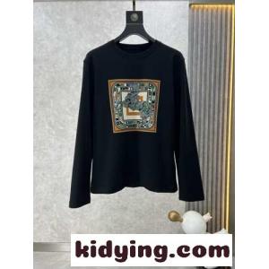 ベーシック プリント クルーネック 長袖Tシャツ エルメス スーパーコピー Tシャツ コピー ブラックkid26uWf0TD