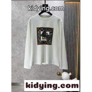 ベーシック プリント クルーネック 長袖Tシャツ エルメス ブランド コピー Tシャツ コピー ホワイトkid264LPzGb