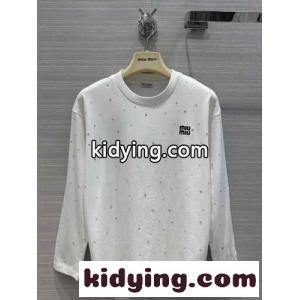 カジュアル クルーネック クリスタル付 ミュウミュウ コピー Tシャツ コピー ロングスリーブ ホワイトkid26SnCOvy