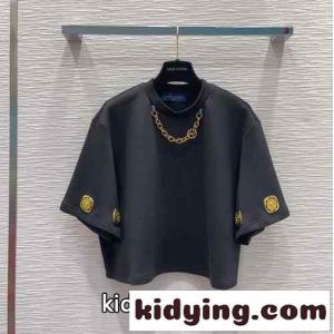 ジャイアントスナップボタンクロップトップ ルイ・ヴィトン Tシャツ コピー 半袖 ブラックkid2685zSXz