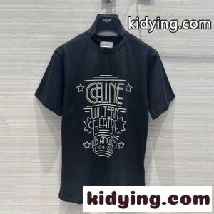 シンプル プリント クルーネック 半袖 コットン セリーヌ コピー Tシャツ コピー ブラックkid26fG1TTD