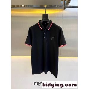 定番 快適 ロゴ コットンピケ 半袖 ポロシャツ プラダ コピーブランド Tシャツ コピー メンズ ブラックkid260HHP5n