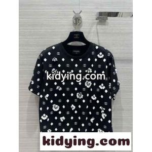 可愛い フラワー ロゴ クルーネック コットン シャネル スーパーコピー Tシャツ コピー 半袖Tシャツ ブラックkid26P5LjOz
