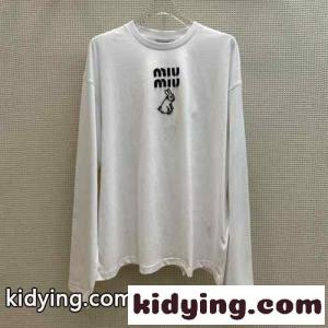 シンプル ロゴ入り 着心地いい クルーネック ミュウミュウ ブランド コピー Tシャツ コピー 長袖 コットンkid26SP1PTz