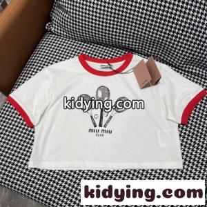 カジュアル おしゃれ プリント コットン 半袖Tシャツ ミュウミュウ コピー Tシャツ コピー クロップド丈kid26e8na4n