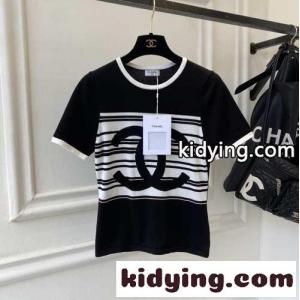 おしゃれ バイカラー ロゴ 上品 フェミニン シャネル コピー tシャツ コピー 半袖 クルーネック カットソーkid2651Tbiy