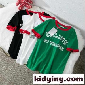 おしゃれ 人気 コットン 着心地いい 配色 ロゴ プリント セリーヌ コピー tシャツ コピー 半袖 クールネック 3色ありkid26DGHjKv
