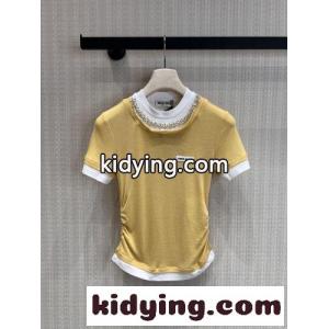 ビジューネック レイヤード風 半袖Tシャツ ミュウミュウ コピーブランド Tシャツ 偽物 イエローkid269zaG1D