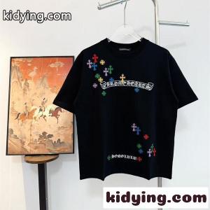CHROME hearts ブランド コピー 人気 カラフルクロス ロゴ刺繍 ブラック 半袖 Tシャツ 映えデザイン クロムハーツ ブランド コピー コピーkidying269PHPzm