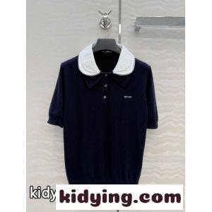 刺繍入り ポプリンカラー 半袖ニットポロ ミュウミュウ スーパーコピー セーター コピー ネイビーkid26DOHXXD