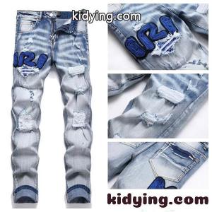 ダメージデニムパンツ AMIRI ライトブルー クラッシュ加工 刺繍 アミリ コピー 2026新作kidying26HHTj4D