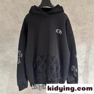 クロムハーツ スーパーコピー コピー パーカー 刺繍ロゴ 袖クロスモチーフ フード総柄 十字デザイン カジュアル Chrome hearts スーパーコピー ブラックkidying26DmuG5b