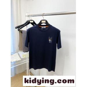 カジュアル レザーパッチ 半袖Tシャツ エルメス スーパーコピー Tシャツ 偽物 ネイビーkid26Tv0nym
