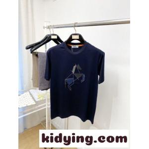 カジュアル ホース レザーパッチ クルーネック エルメス スーパーコピー Tシャツ 偽物 ネイビーkid2615fmGv
