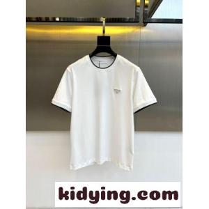 カジュアル パイピング クルーネック 半袖Tシャツ プラダ コピー Tシャツ 偽物 ホワイトkid26KL1rKn