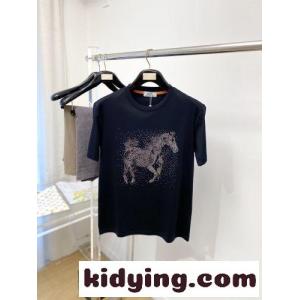 ラインストーン ホースモチーフ 半袖Tシャツ エルメス コピー Tシャツ 偽物 ブラックkid264vSfqu