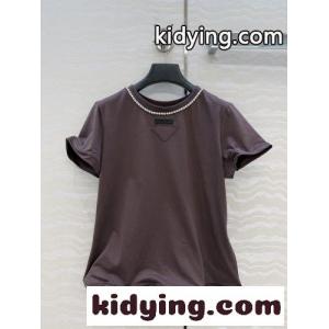 シンプル ビジュー装飾 半袖Tシャツ プラダ コピー Tシャツ 偽物 コットン ブラウンkid26fS5jSb