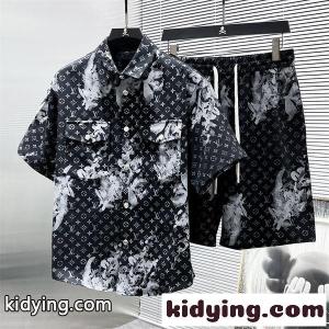 セットアップ Louis vuitton スーパーコピー 半袖シャツ ルイヴィトン スーパーコピー コピー ショートパンツ ブラック 花柄 モノグラム 総柄 開襟風 リゾートkidying26z4j8ze